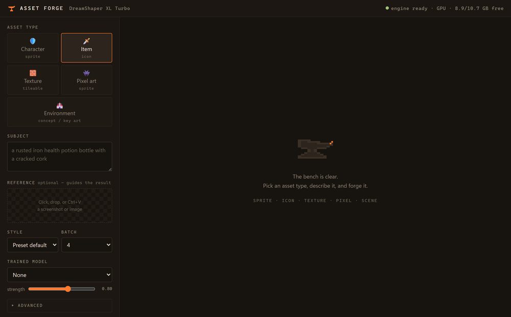 Asset Forge: a local generator with asset type presets, a subject field and a trained-model selector, reporting the engine ready and 8.9 of 10.7 GB of GPU memory free.