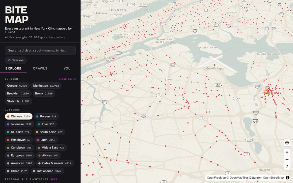 Bitemap: a map of New York City with 2,259 Chinese restaurants plotted in red, beside a panel of cuisine filters with counts.