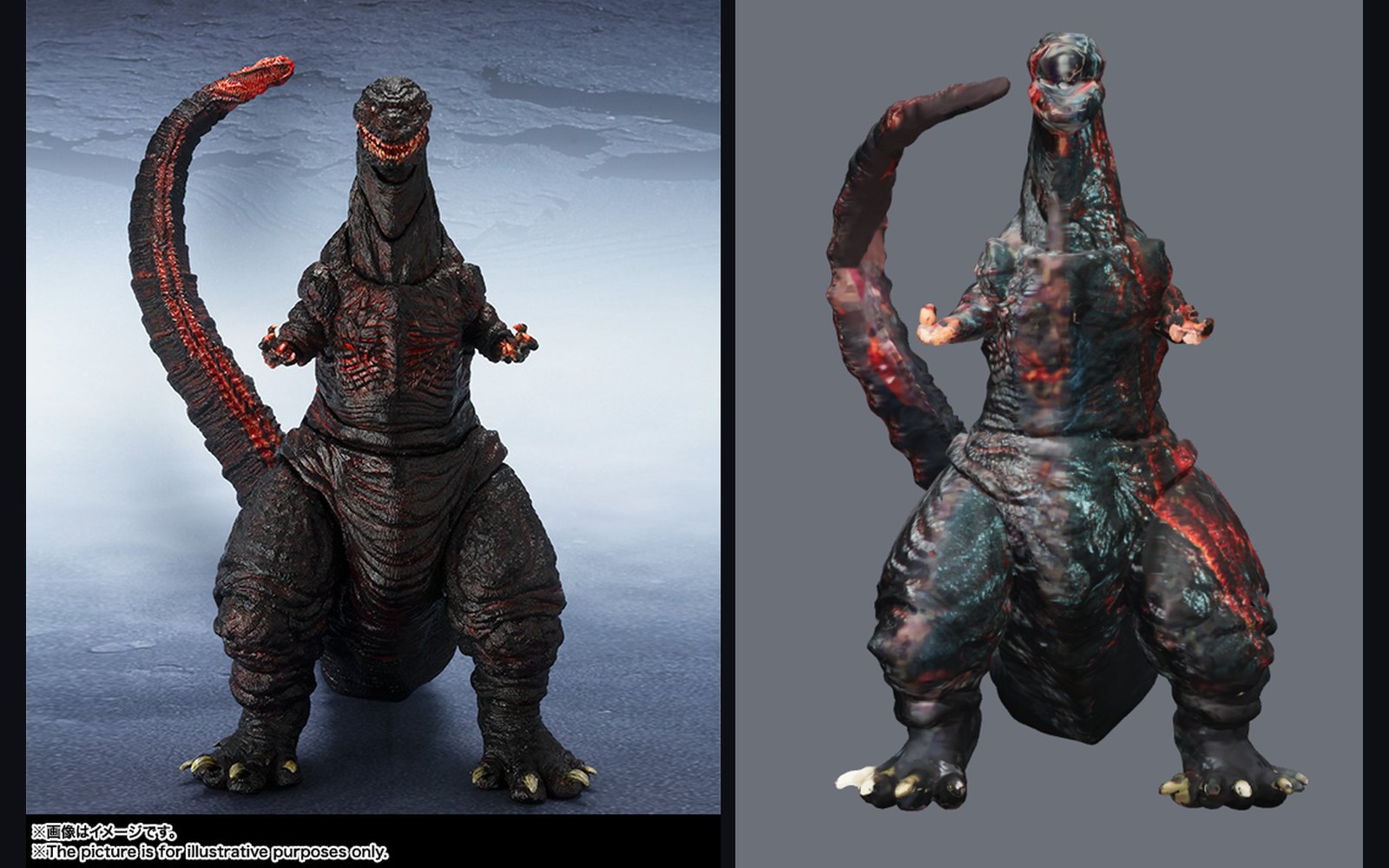 The front product photograph of the Shin Godzilla figure beside the finished model rendered from the same camera angle.