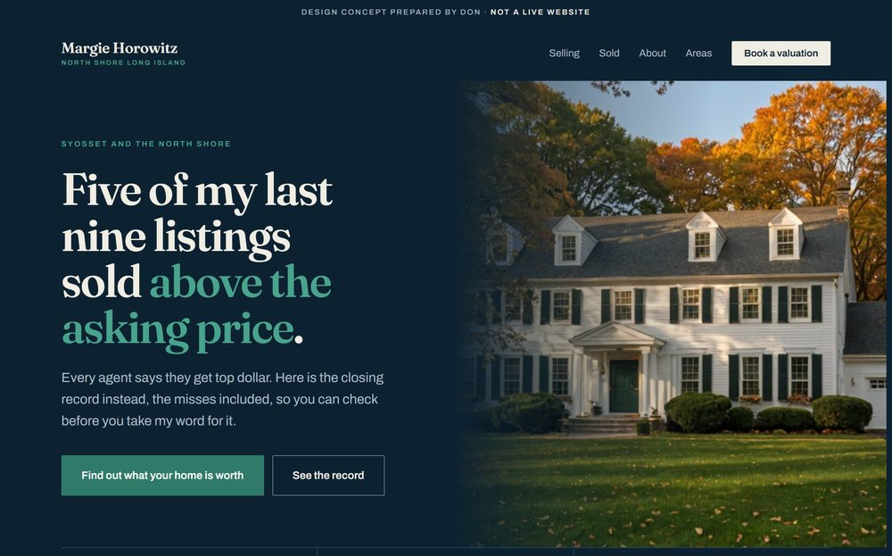Margie Horowitz Real Estate: a deep navy page, the line Five of my last nine listings sold above the asking price set large in serif, beside a photograph of a white colonial house in autumn.
