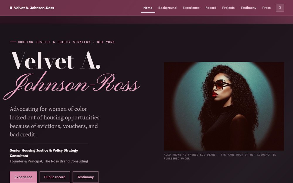 Velvet A. Johnson-Ross homepage: her name set in a large Bodoni serif above a pink script signature, on a dark plum sheet over a rose gradient, with her portrait beside it and buttons reading Experience, Public record and Testimony.